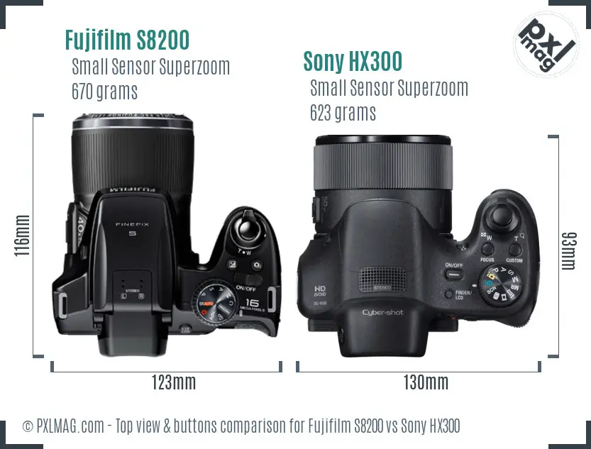 Fujifilm S8200 vs Sony HX300 top view buttons comparison