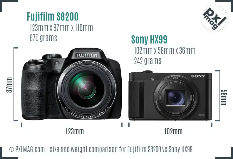 Fujifilm S8200 vs Sony HX99 size comparison