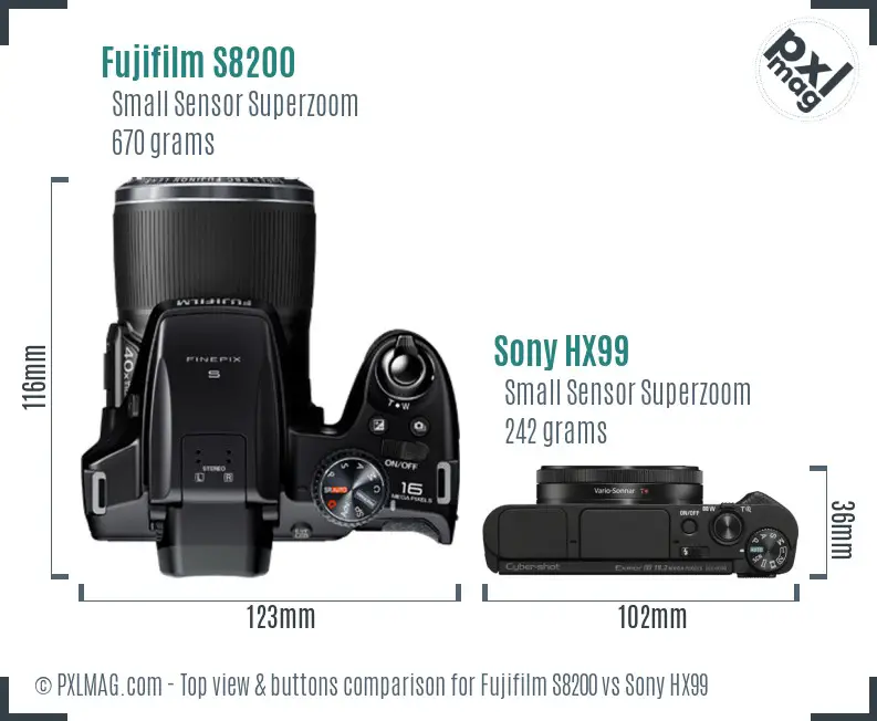 Fujifilm S8200 vs Sony HX99 top view buttons comparison