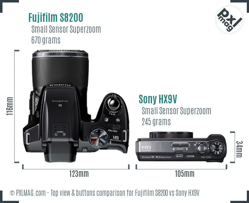 Fujifilm S8200 vs Sony HX9V top view buttons comparison