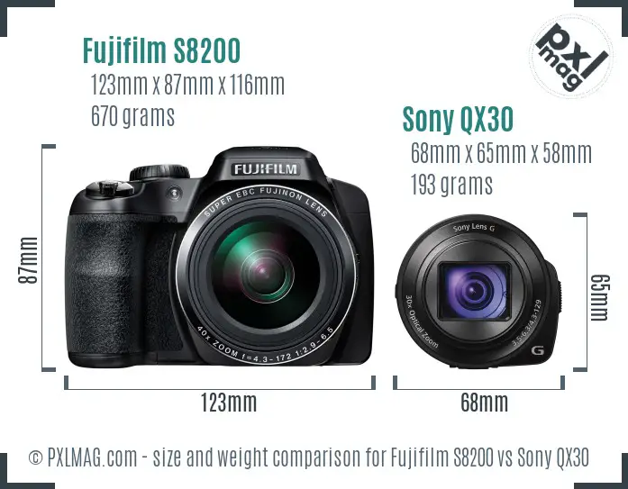 Fujifilm S8200 vs Sony QX30 size comparison