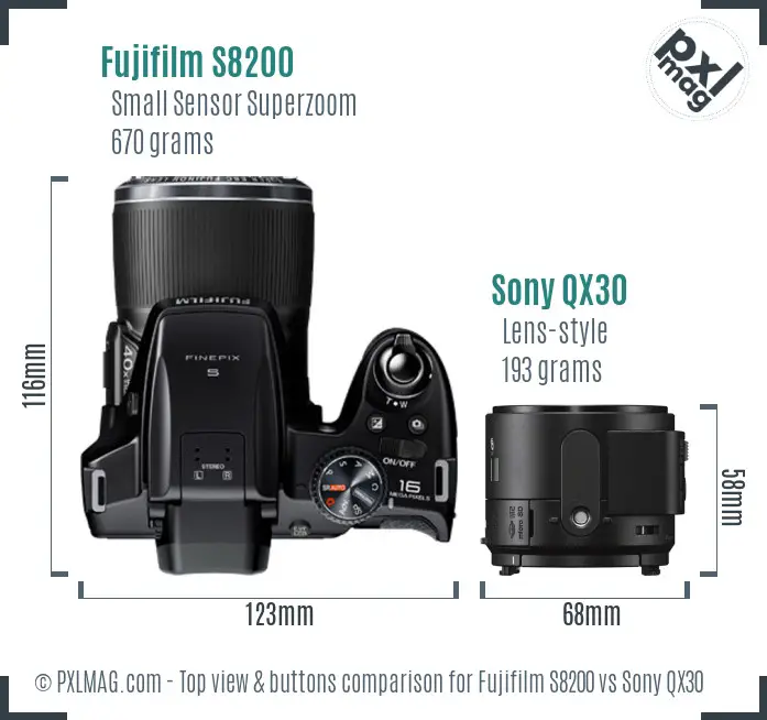 Fujifilm S8200 vs Sony QX30 top view buttons comparison