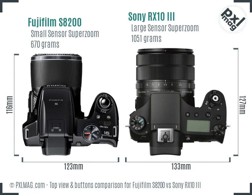 Fujifilm S8200 vs Sony RX10 III top view buttons comparison