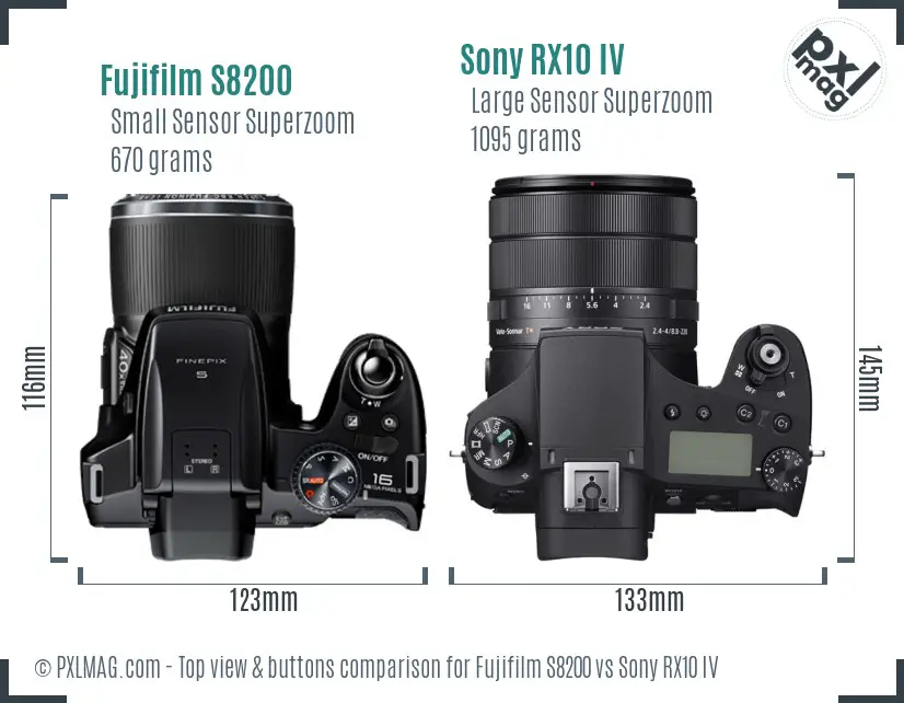 Fujifilm S8200 vs Sony RX10 IV top view buttons comparison