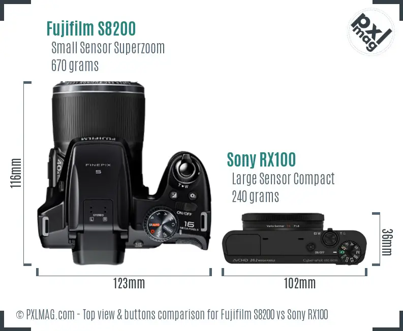 Fujifilm S8200 vs Sony RX100 top view buttons comparison
