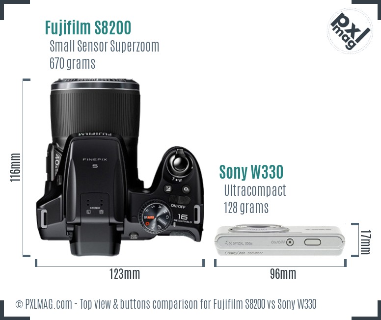 Fujifilm S8200 vs Sony W330 top view buttons comparison