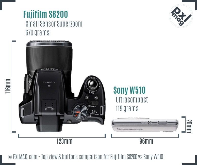 Fujifilm S8200 vs Sony W510 top view buttons comparison