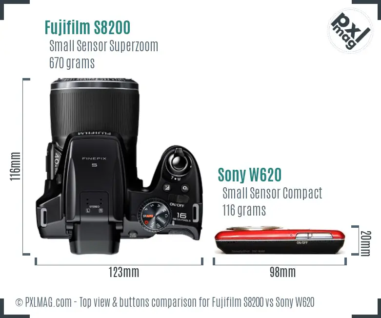 Fujifilm S8200 vs Sony W620 top view buttons comparison