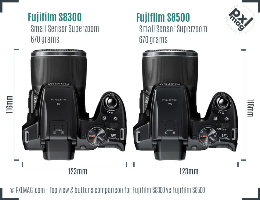 Fujifilm S8300 vs Fujifilm S8500 top view buttons comparison