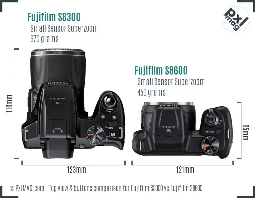 Fujifilm S8300 vs Fujifilm S8600 top view buttons comparison