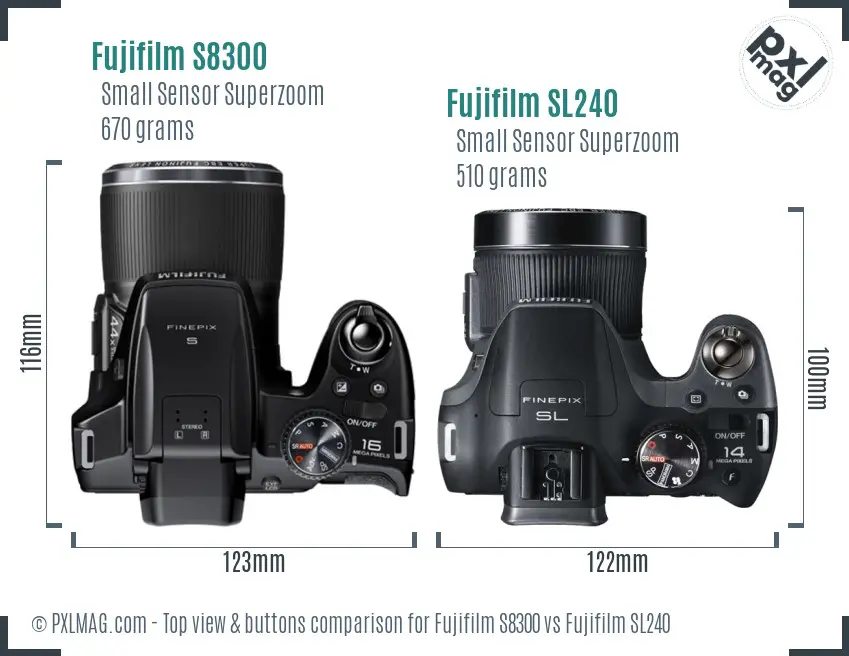 Fujifilm S8300 vs Fujifilm SL240 top view buttons comparison