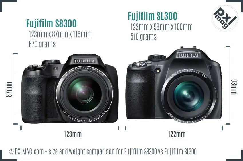 Fujifilm S8300 vs Fujifilm SL300 size comparison