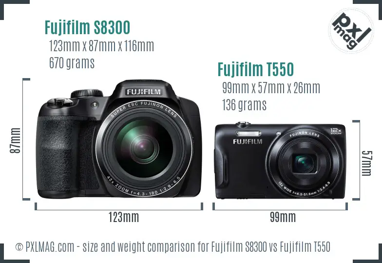 Fujifilm S8300 vs Fujifilm T550 size comparison