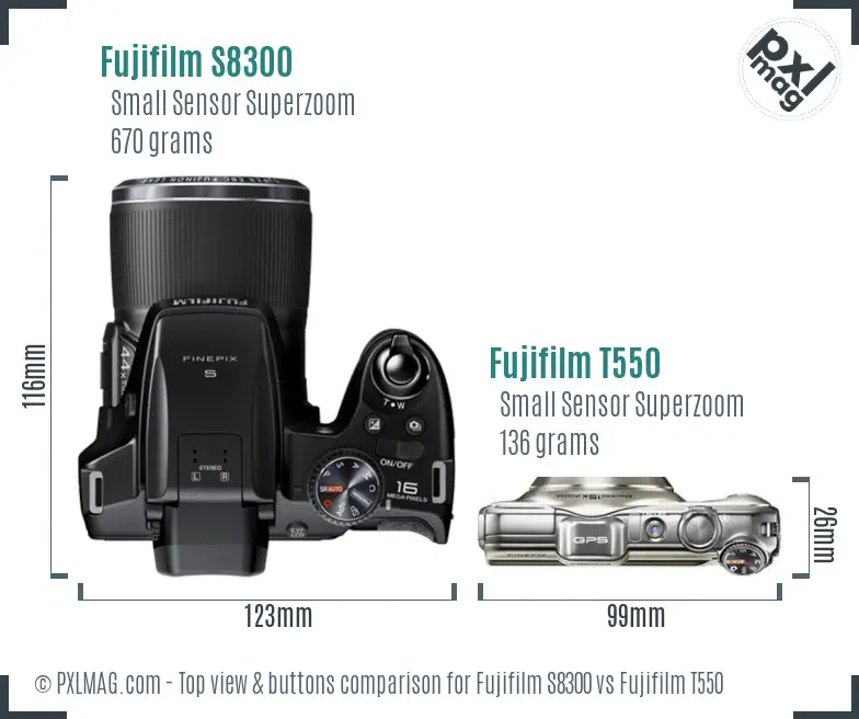 Fujifilm S8300 vs Fujifilm T550 top view buttons comparison