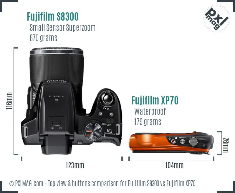 Fujifilm S8300 vs Fujifilm XP70 top view buttons comparison