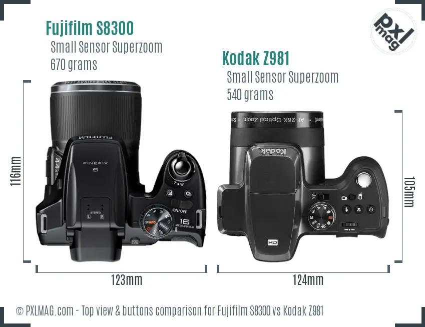 Fujifilm S8300 vs Kodak Z981 top view buttons comparison Fujifilm S8300 vs Kodak Z981 top view buttons comparison