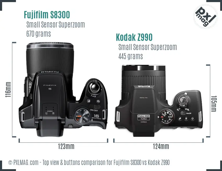 Fujifilm S8300 vs Kodak Z990 top view buttons comparison