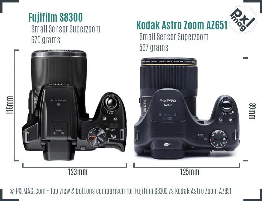Fujifilm S8300 vs Kodak Astro Zoom AZ651 top view buttons comparison