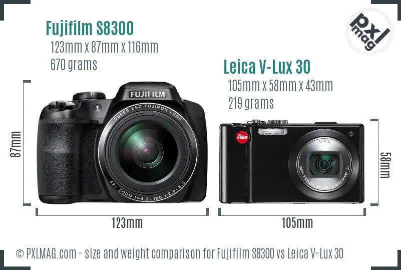 Fujifilm S8300 vs Leica V-Lux 30 size comparison Fujifilm S8300 vs Leica V-Lux 30 size comparison