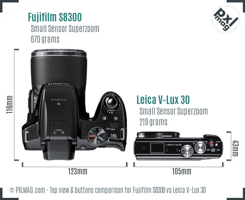 Fujifilm S8300 vs Leica V-Lux 30 top view buttons comparison Fujifilm S8300 vs Leica V-Lux 30 top view buttons comparison