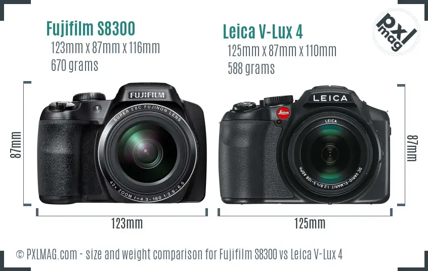 Fujifilm S8300 vs Leica V-Lux 4 size comparison
