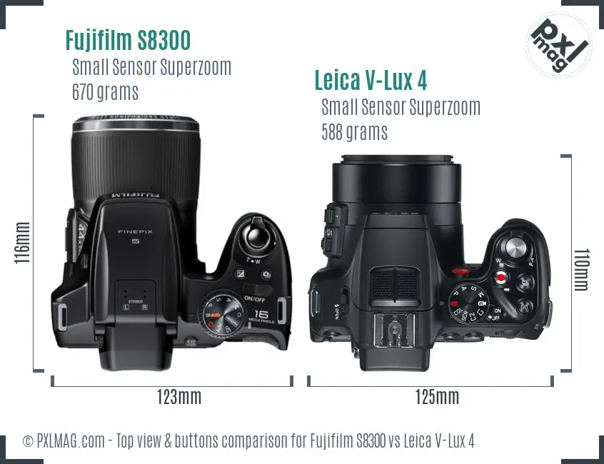 Fujifilm S8300 vs Leica V-Lux 4 top view buttons comparison