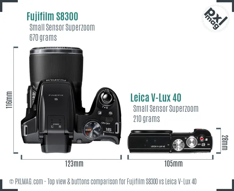 Fujifilm S8300 vs Leica V-Lux 40 top view buttons comparison Fujifilm S8300 vs Leica V-Lux 40 top view buttons comparison