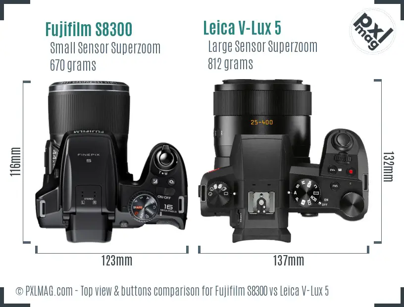Fujifilm S8300 vs Leica V-Lux 5 top view buttons comparison