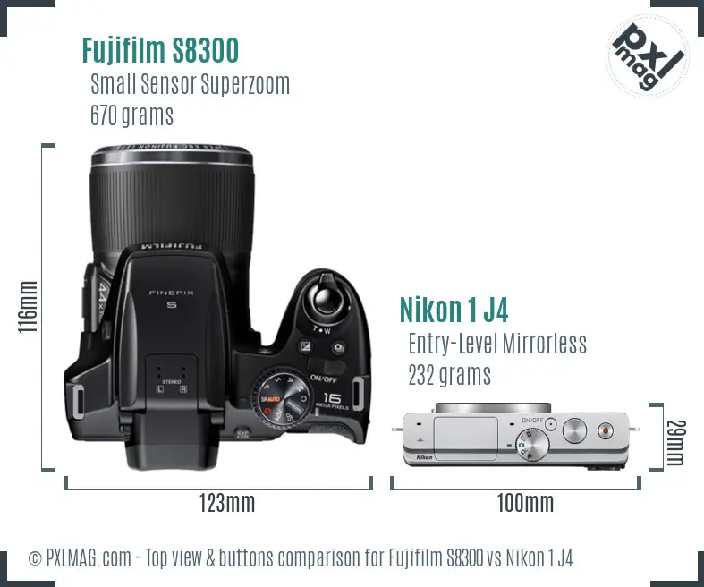 Fujifilm S8300 vs Nikon 1 J4 top view buttons comparison
