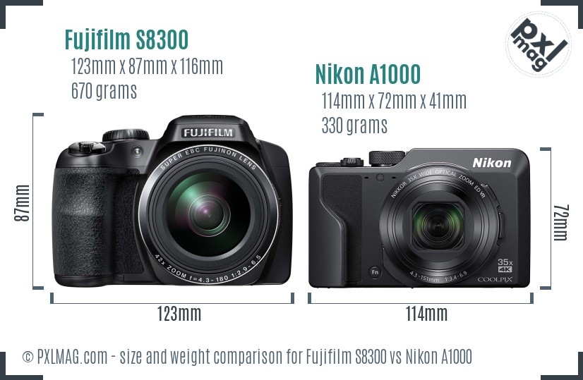 Fujifilm S8300 vs Nikon A1000 size comparison