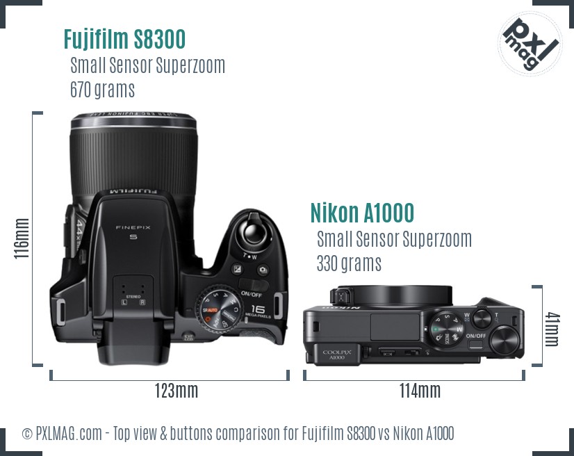 Fujifilm S8300 vs Nikon A1000 top view buttons comparison