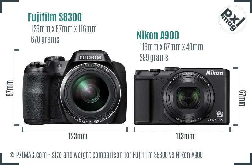 Fujifilm S8300 vs Nikon A900 size comparison