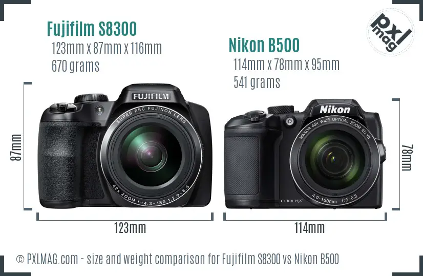 Fujifilm S8300 vs Nikon B500 size comparison
