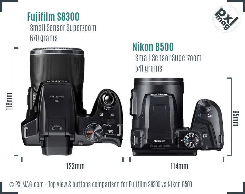 Fujifilm S8300 vs Nikon B500 top view buttons comparison