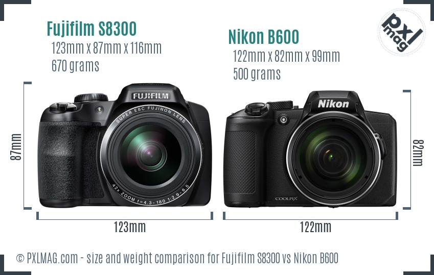Fujifilm S8300 vs Nikon B600 size comparison Fujifilm S8300 vs Nikon B600 size comparison