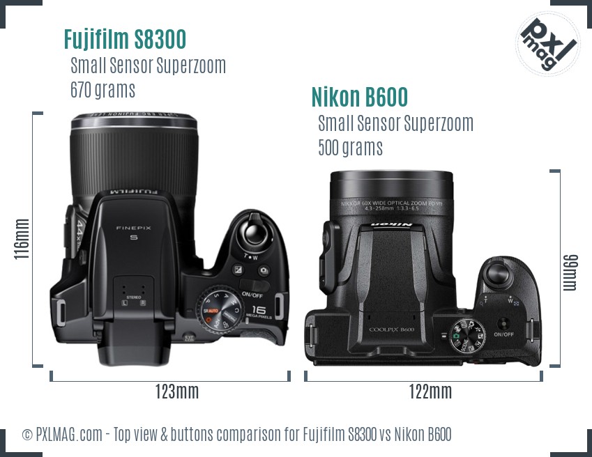 Fujifilm S8300 vs Nikon B600 top view buttons comparison