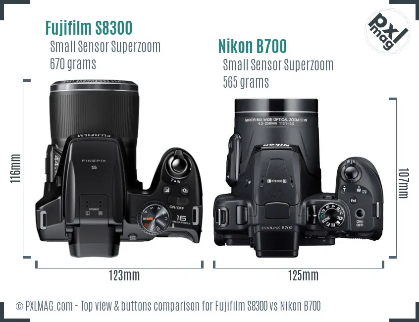 Fujifilm S8300 vs Nikon B700 top view buttons comparison