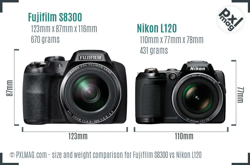 Fujifilm S8300 vs Nikon L120 size comparison
