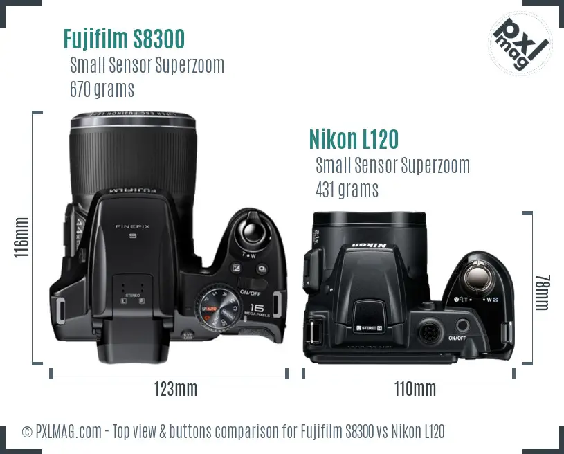 Fujifilm S8300 vs Nikon L120 top view buttons comparison