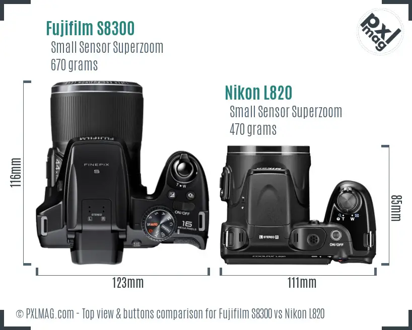Fujifilm S8300 vs Nikon L820 top view buttons comparison Fujifilm S8300 vs Nikon L820 top view buttons comparison