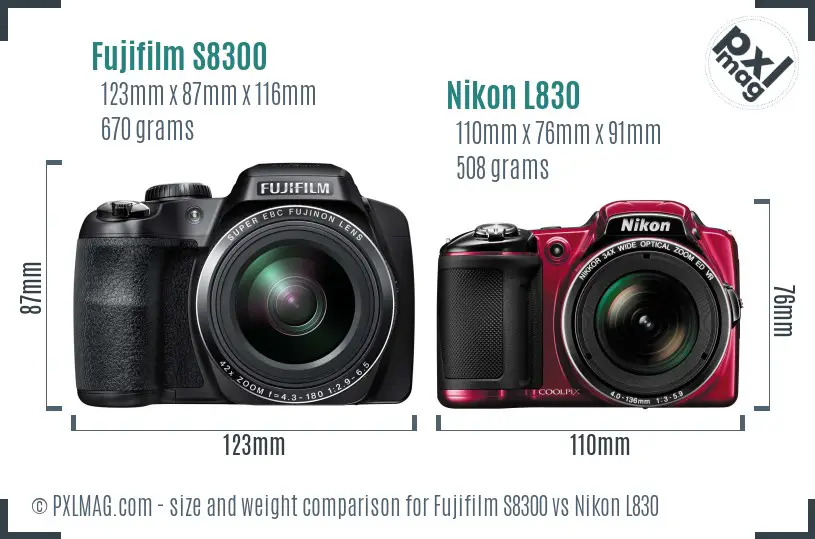Fujifilm S8300 vs Nikon L830 size comparison