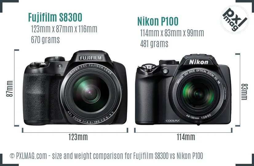 Fujifilm S8300 vs Nikon P100 size comparison