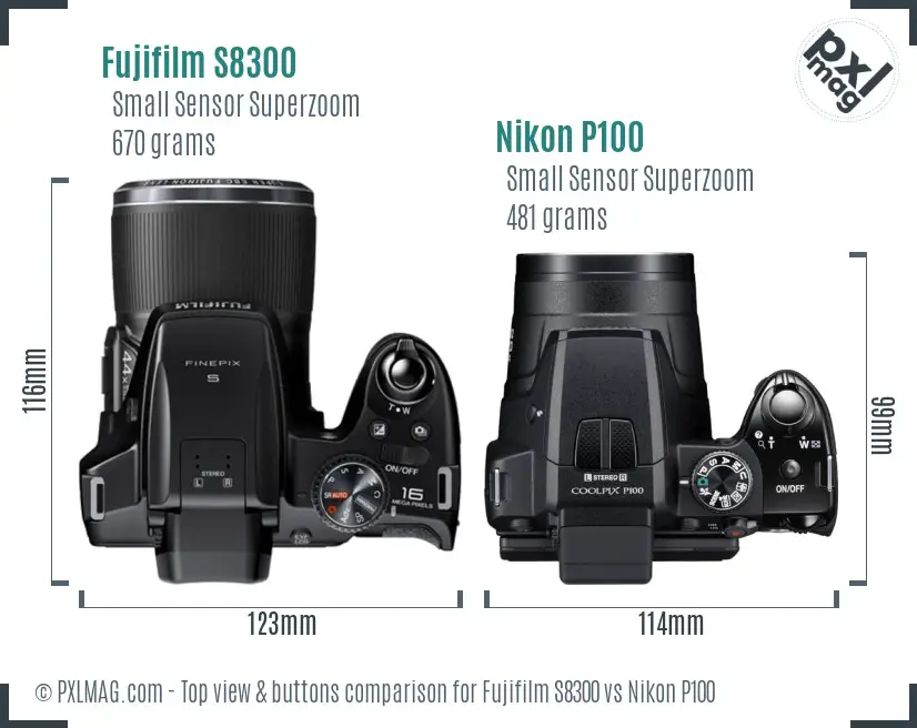 Fujifilm S8300 vs Nikon P100 top view buttons comparison