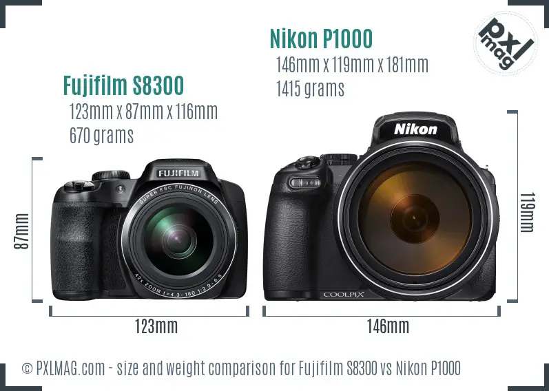 Fujifilm S8300 vs Nikon P1000 size comparison