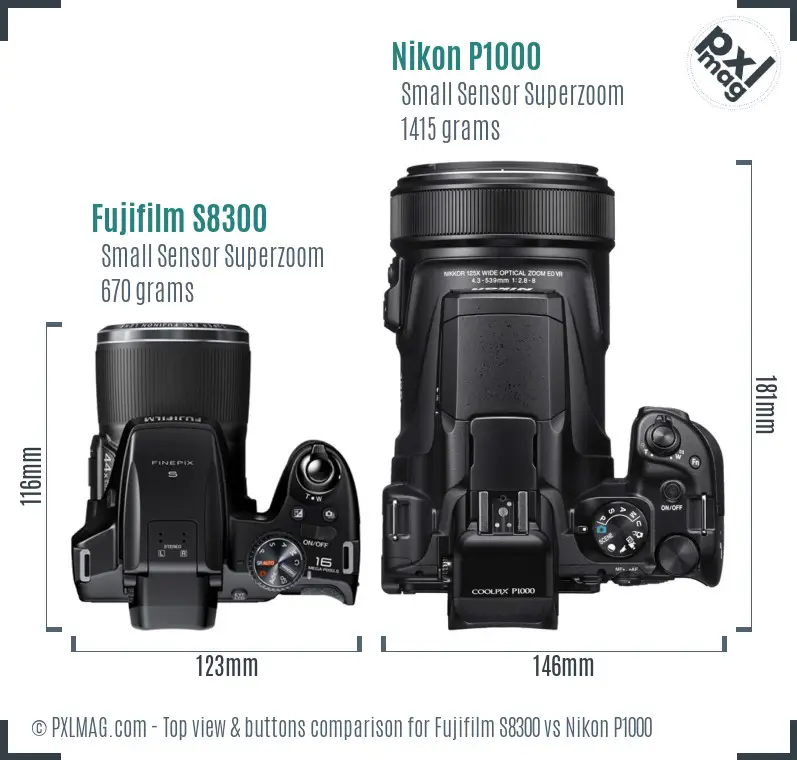 Fujifilm S8300 vs Nikon P1000 top view buttons comparison