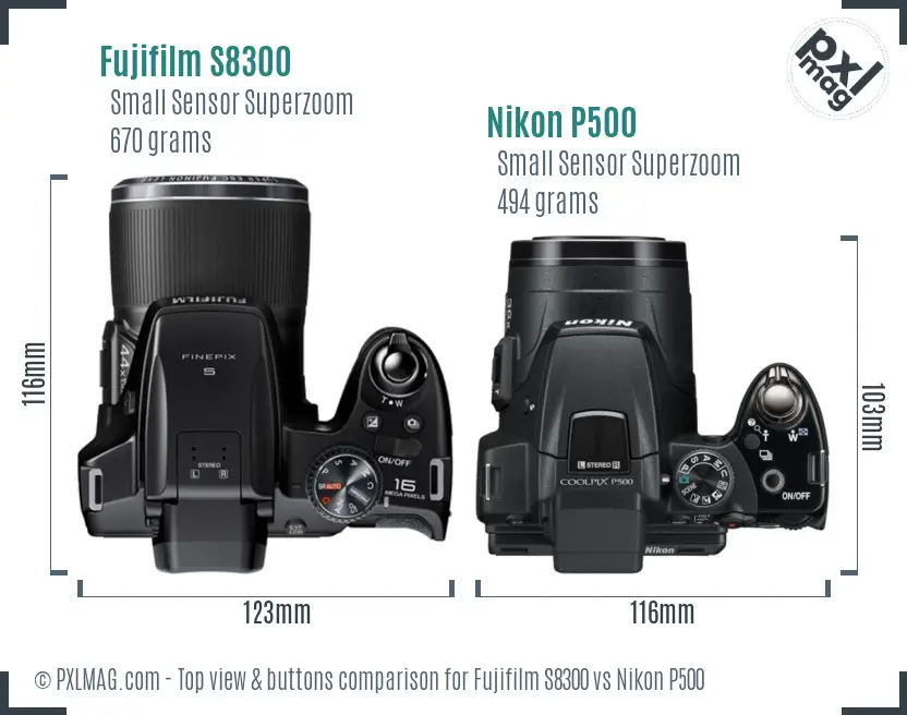 Fujifilm S8300 vs Nikon P500 top view buttons comparison
