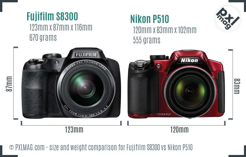 Fujifilm S8300 vs Nikon P510 size comparison