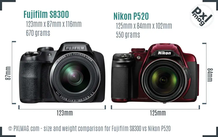 Fujifilm S8300 vs Nikon P520 size comparison