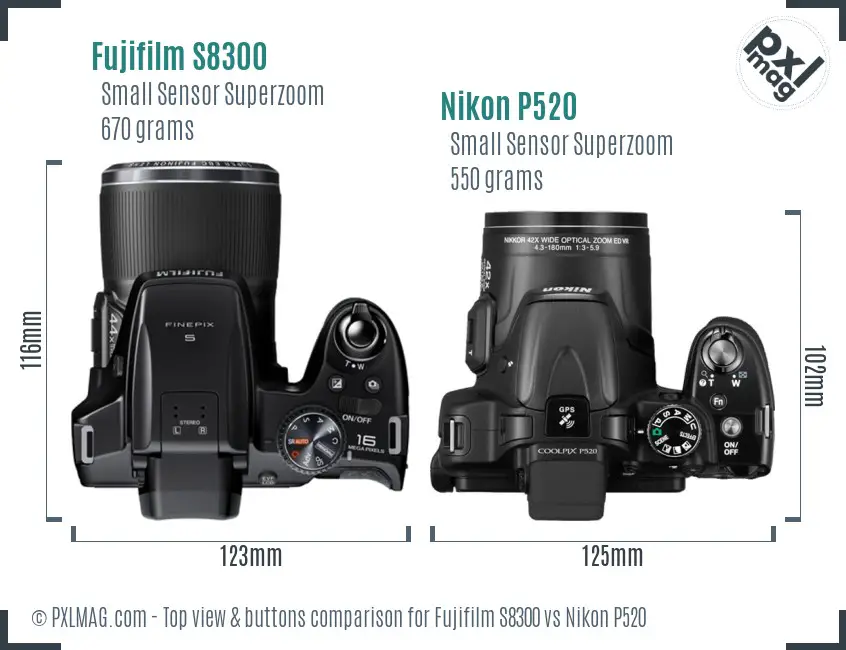 Fujifilm S8300 vs Nikon P520 top view buttons comparison