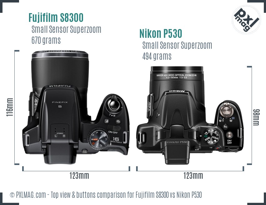 Fujifilm S8300 vs Nikon P530 top view buttons comparison